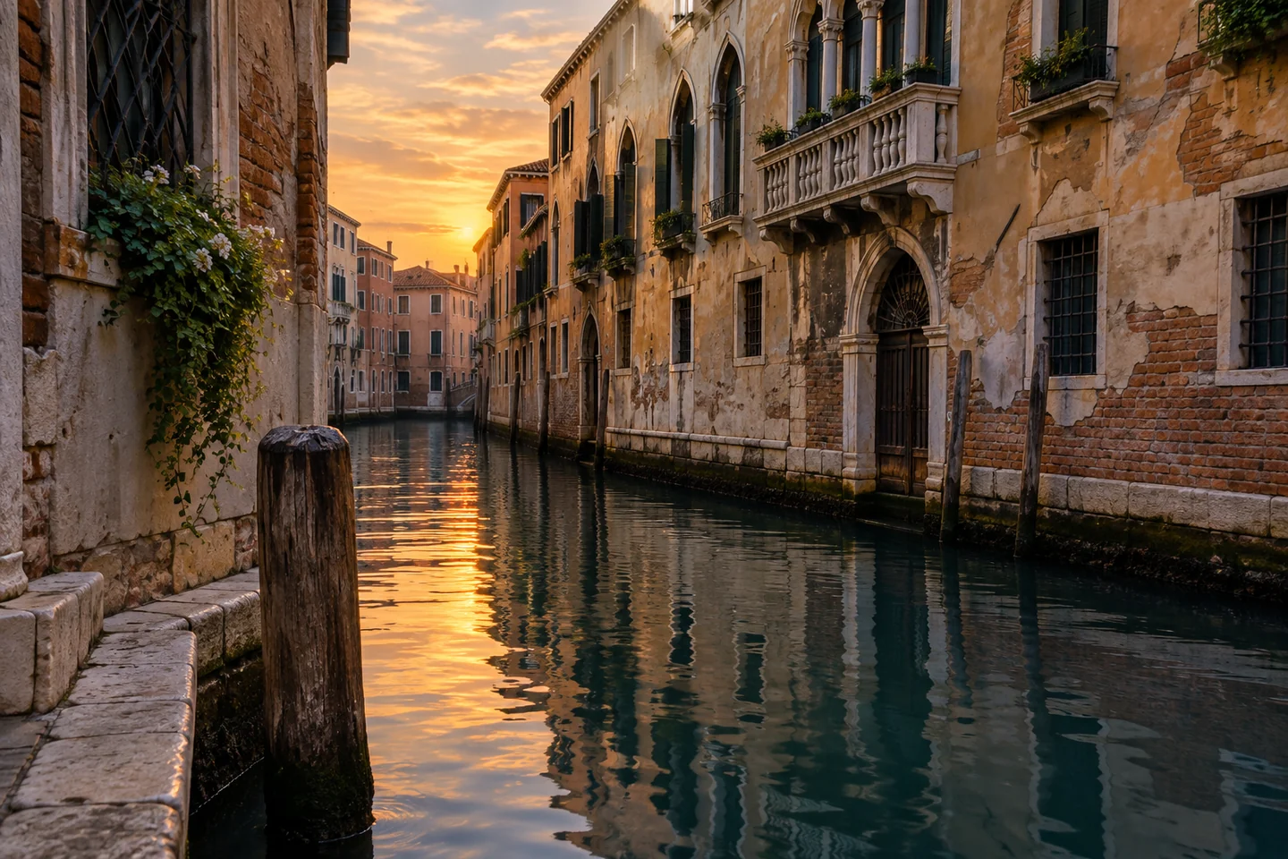 Warm evening light falls across a quiet Venetian canal and an old palazzo