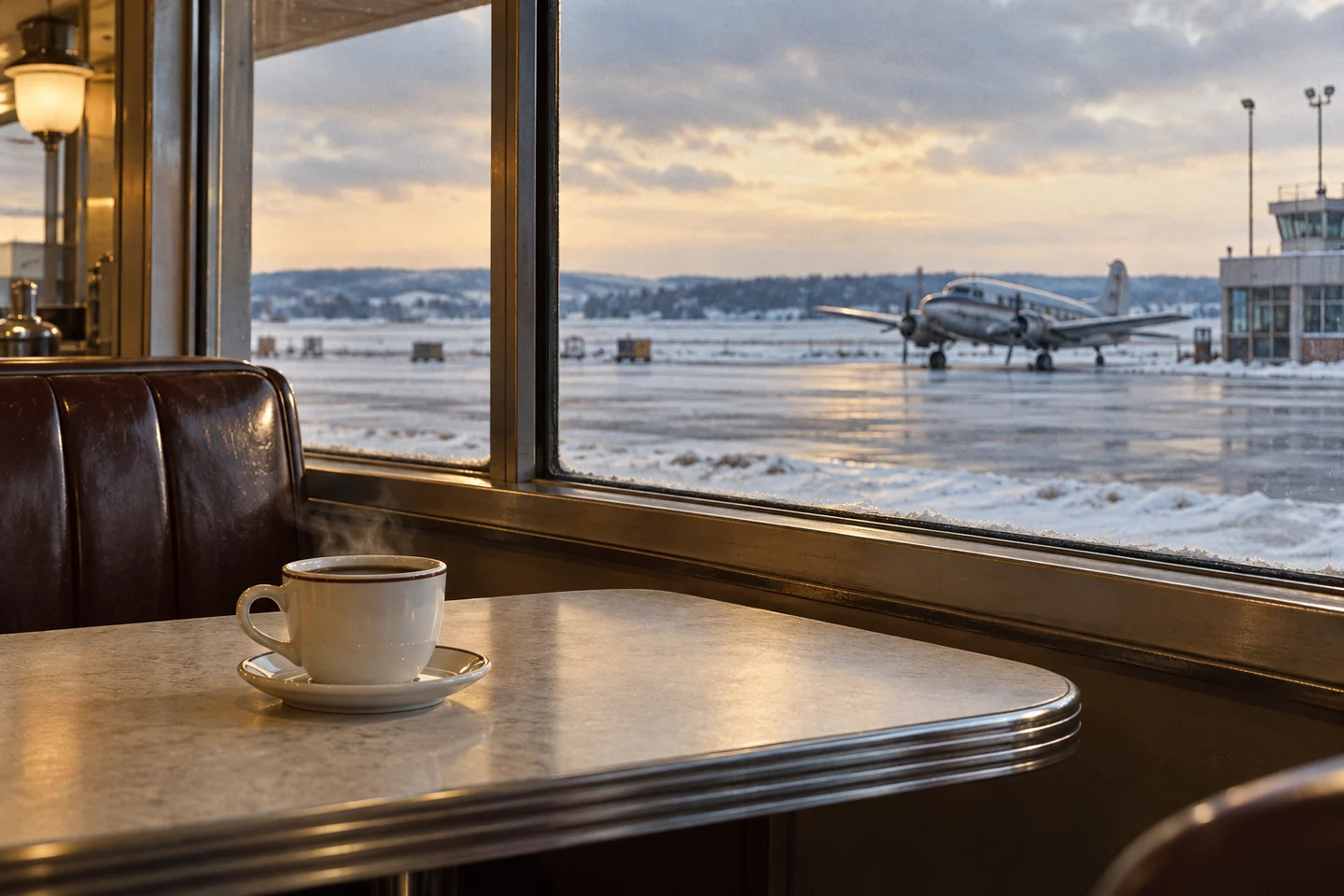 A coffee cup sits in an empty period airport diner overlooking a winter runway