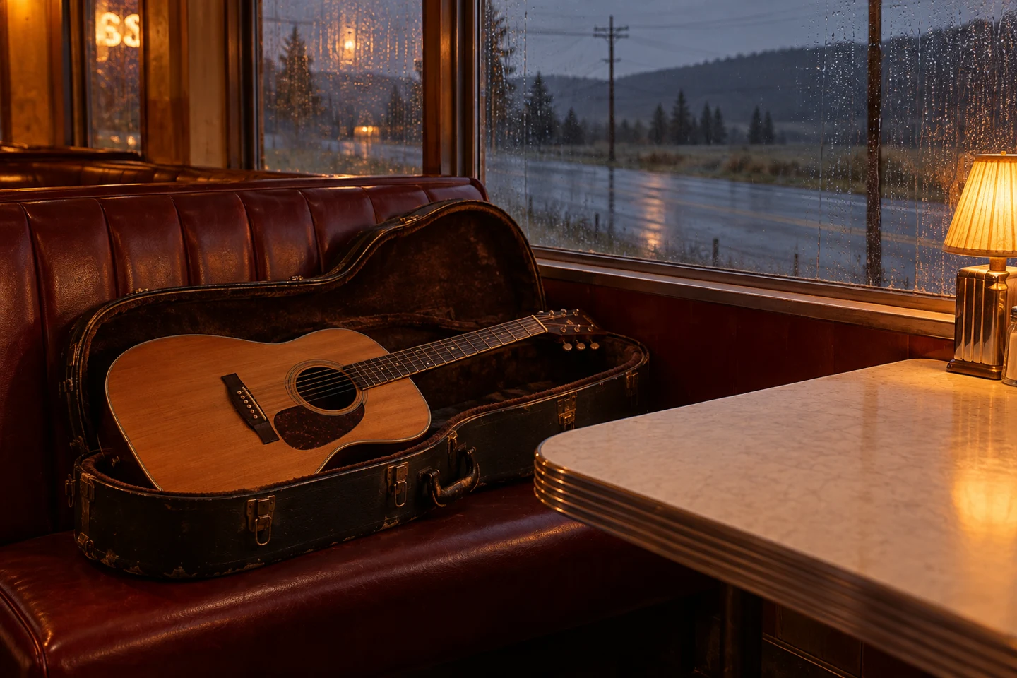 An acoustic guitar rests beside an empty roadside diner booth while rain streaks the window