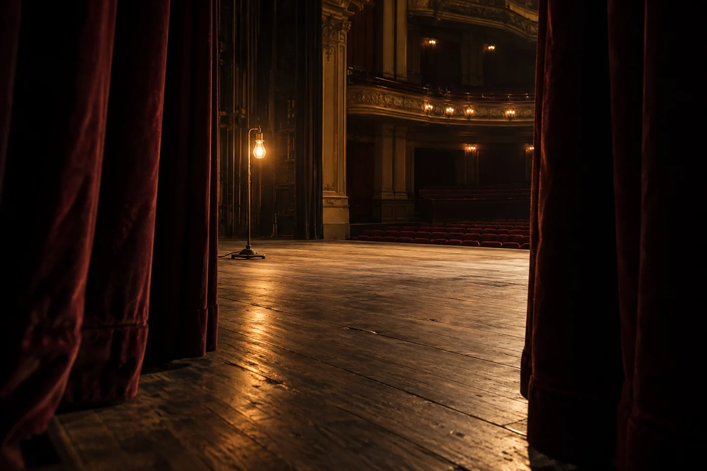 Burgundy theatre curtains frame an empty stage and a single warm light