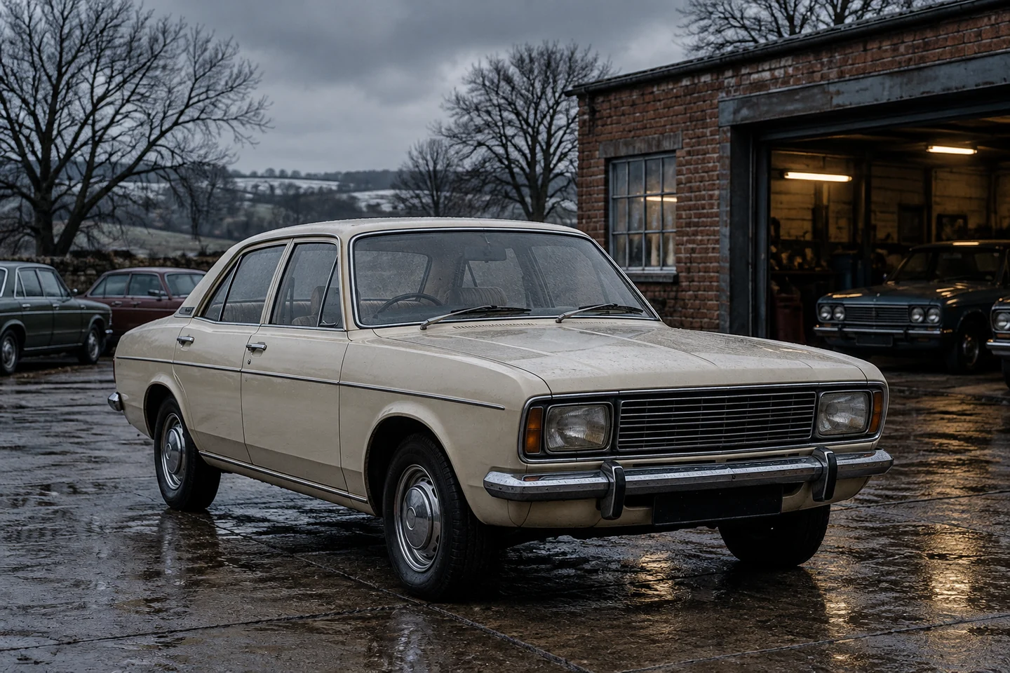 An older sedan waits on a quiet British car forecourt under a cold winter sky