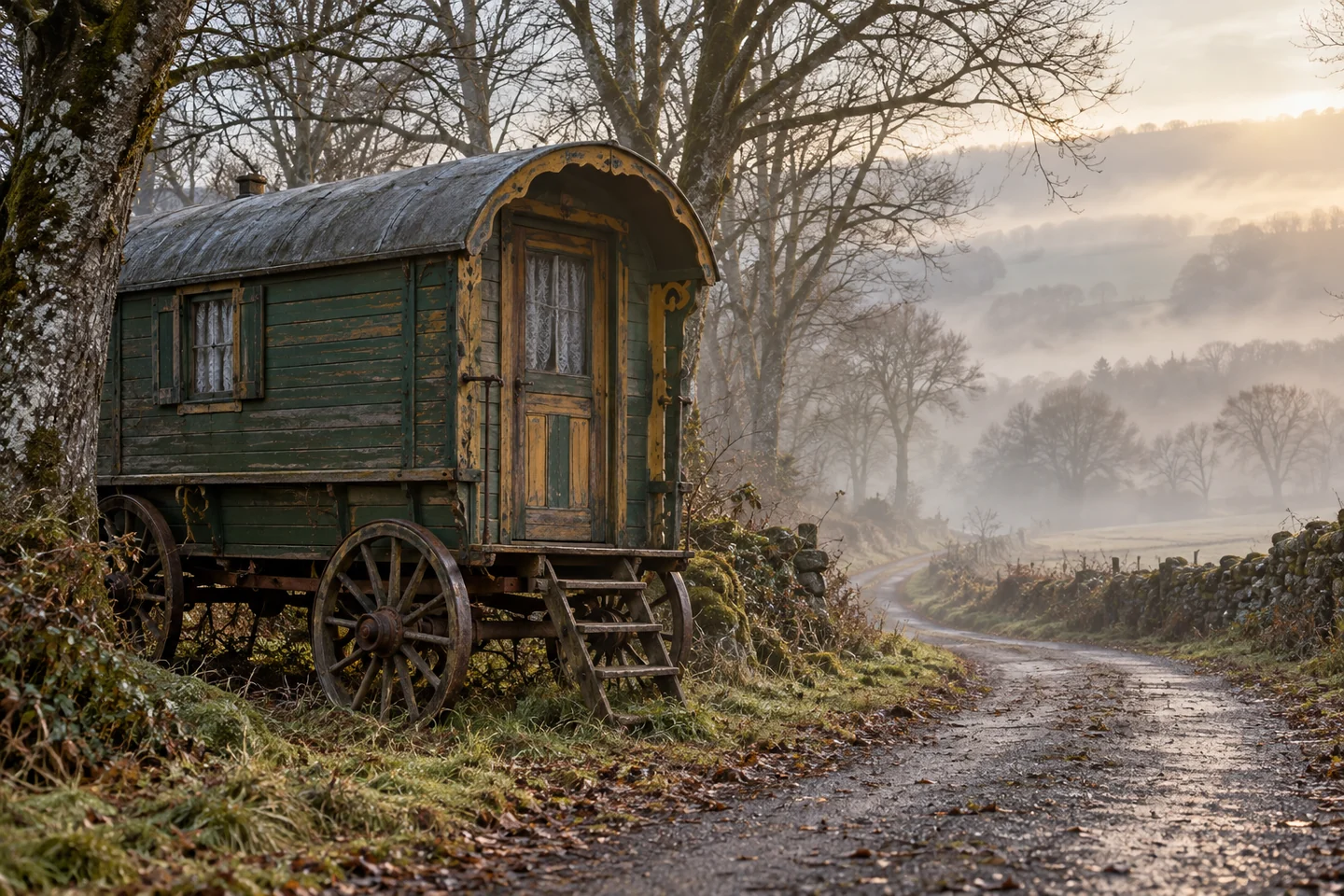 A weathered wooden caravan stands beside bare trees on a misty country lane