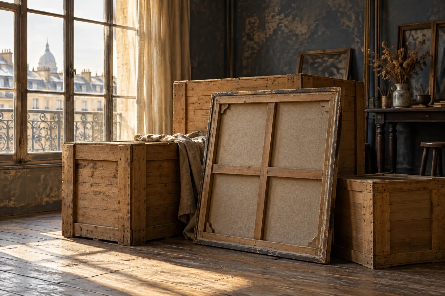 Art shipping crates and the back of a framed canvas stand in a sunlit Paris studio