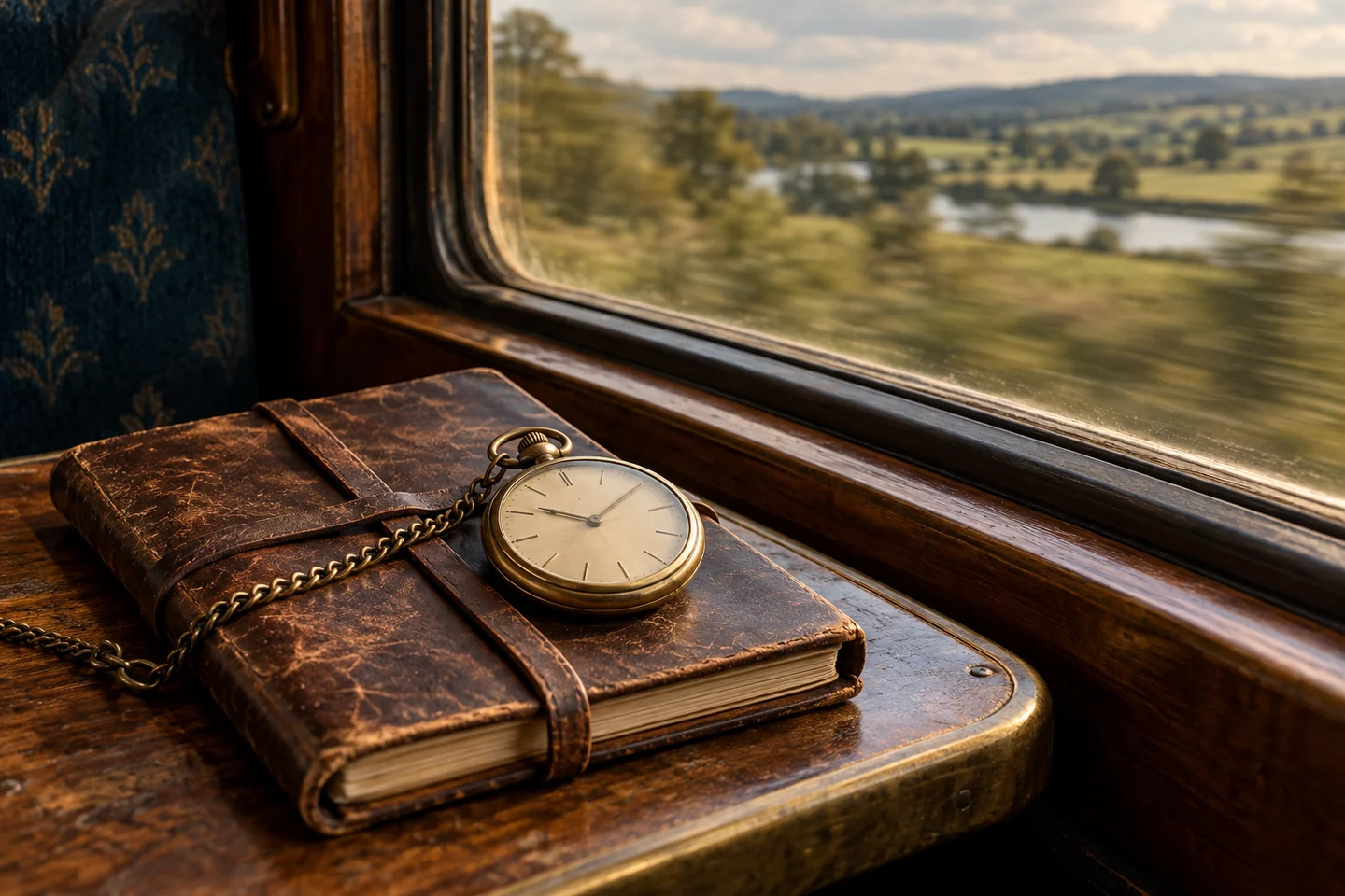 An old mechanical watch rests on a travel notebook beside a train window